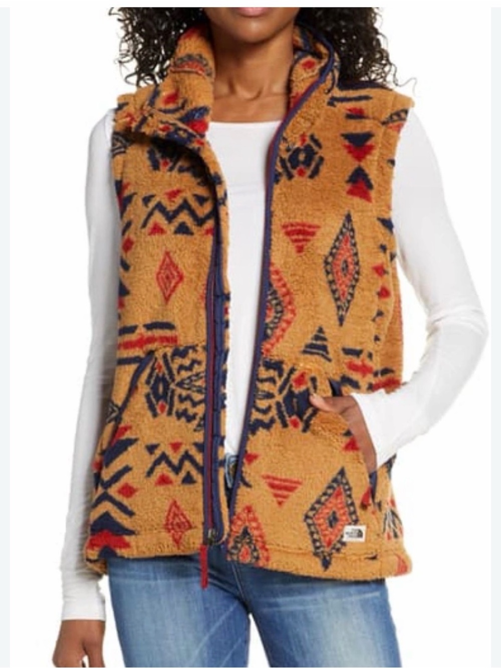 The North Face Tan Sherpa Vest with Navy & Red Pattern